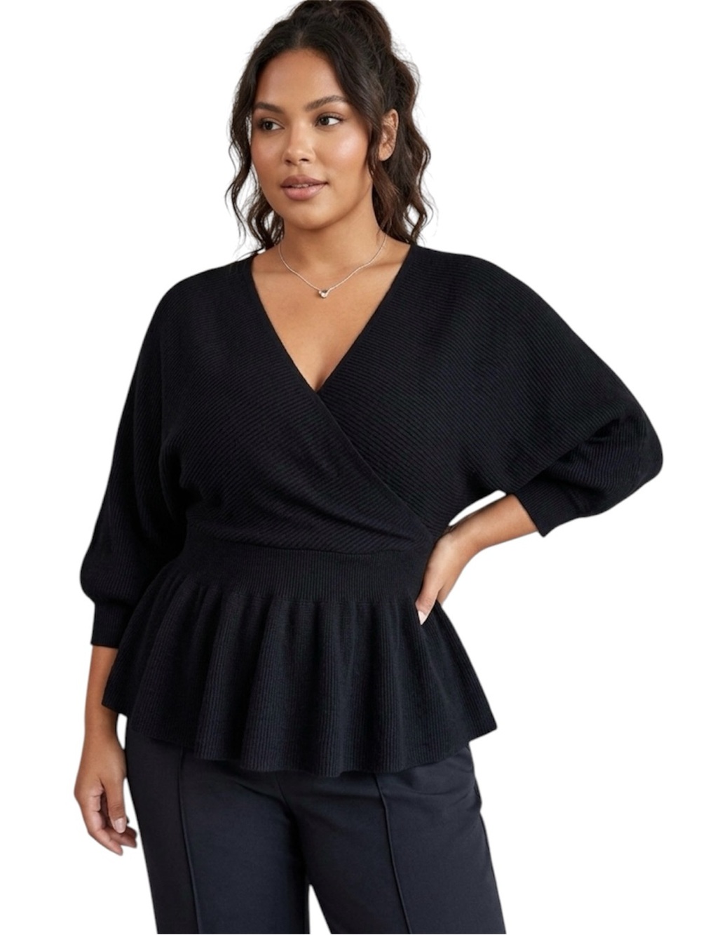 BloomChic Black Ribbed Knit Peplum Dolman Sleeve Crossover Sweater Size 14/16
